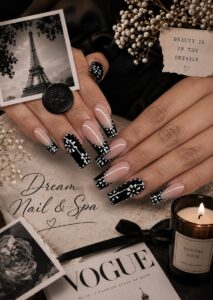 Black and white floral French tip nails at Dream Nails & Spa, Vacaville CA