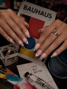 Colorful abstract Bauhaus-style French tip nails at Dream Nails & Spa, Vacaville CA