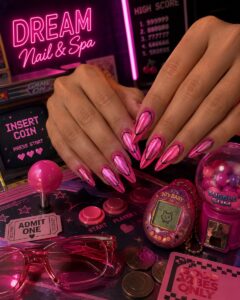 Hot pink chrome stiletto nails at Dream Nails & Spa, Vacaville CA