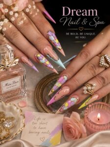 Pastel stained glass stiletto nails with gold detail at Dream Nails & Spa, Vacaville CA
