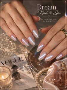 Pearl chrome almond nails at Dream Nails & Spa, Vacaville CA